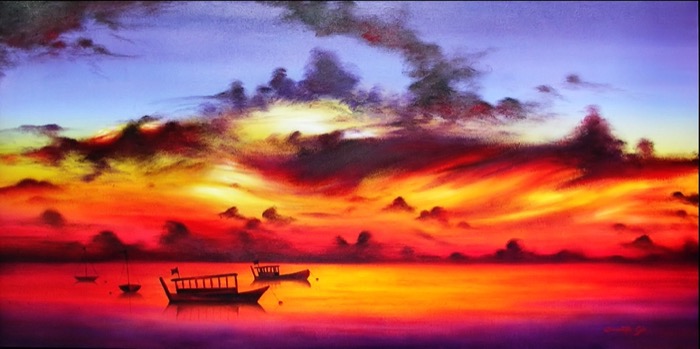 Tramonto con barche, Olio su tela, 60 x 120 cm